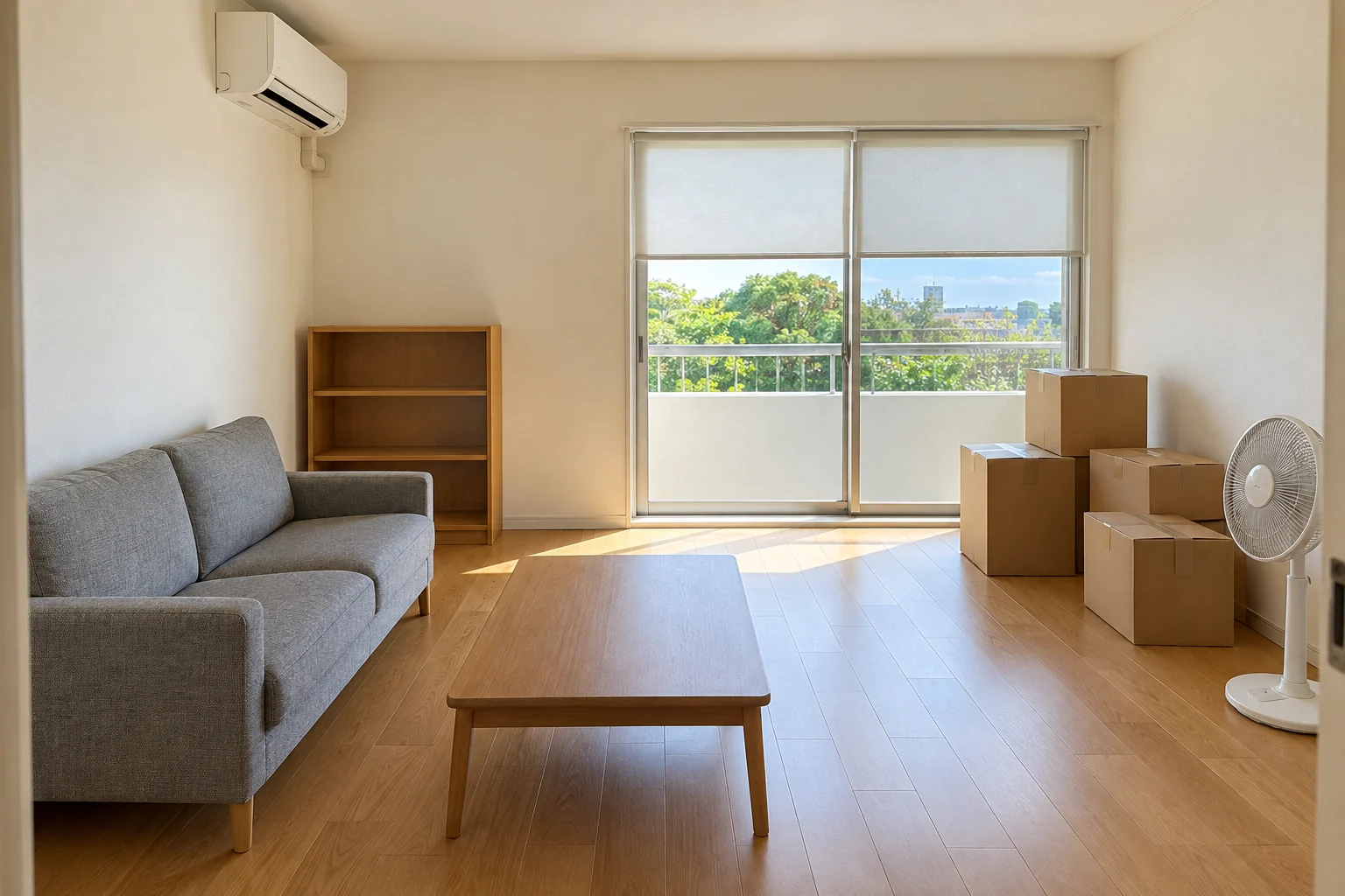 家具や段ボールがあるお部屋の片づけイメージ